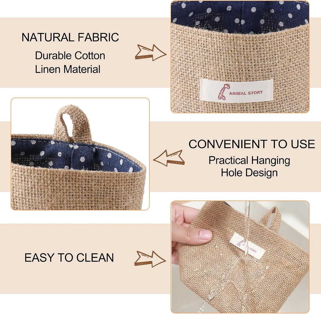 3 PCS Mini Hanging Storage Bag Cotton Linen Small Storage Basket Wall Hanging Storage Pouch Foldable Storage Box Family Organizer Decorative Bag for Key Sunglasses Snack Wallet on Door Closet Desktop