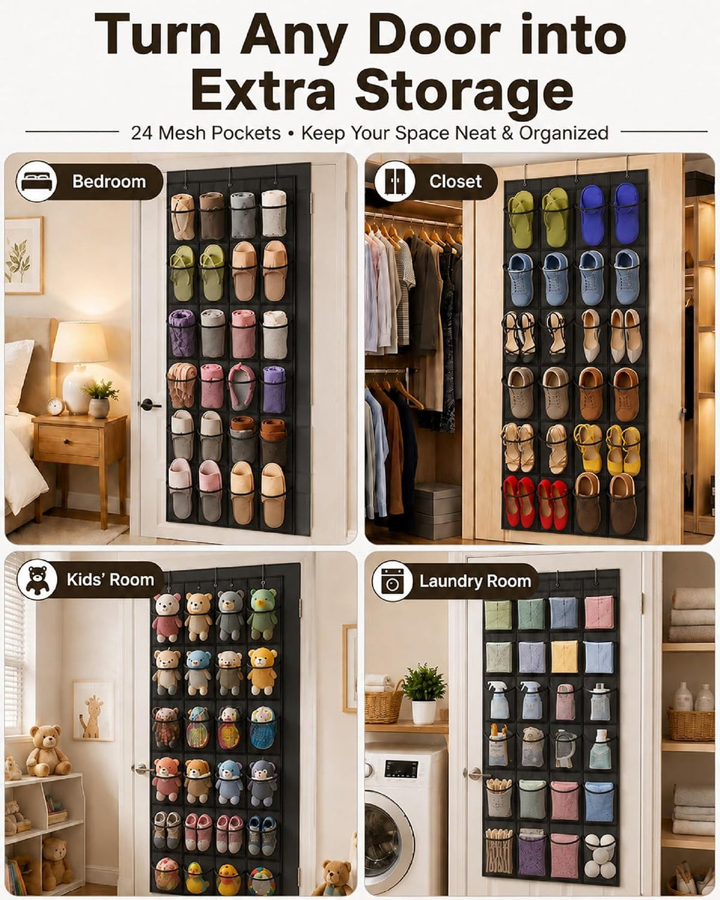 Over The Door Shoe Organizer with 24 Large Breathable Mesh Pockets