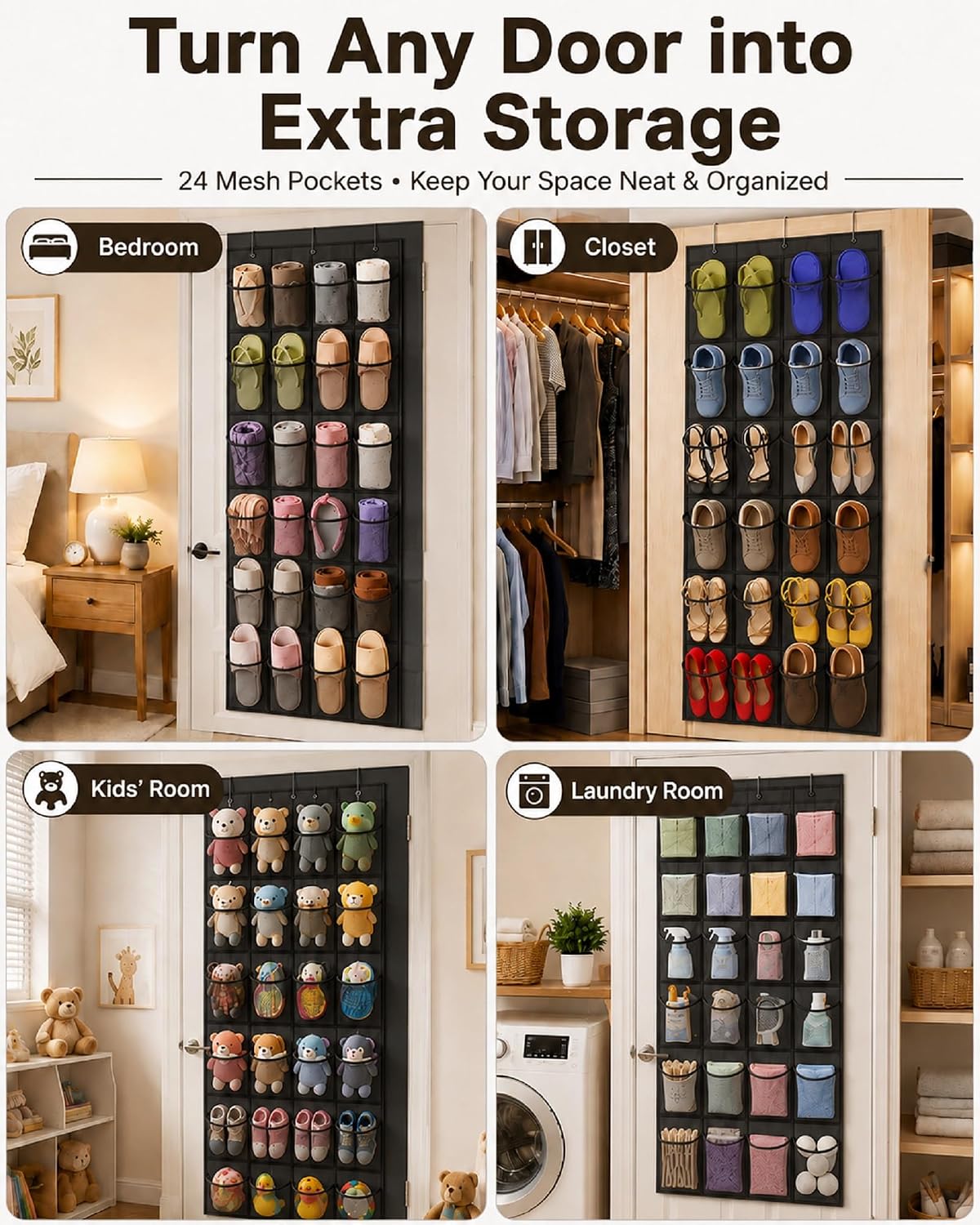 Over The Door Shoe Organizer with 24 Large Breathable Mesh Pockets