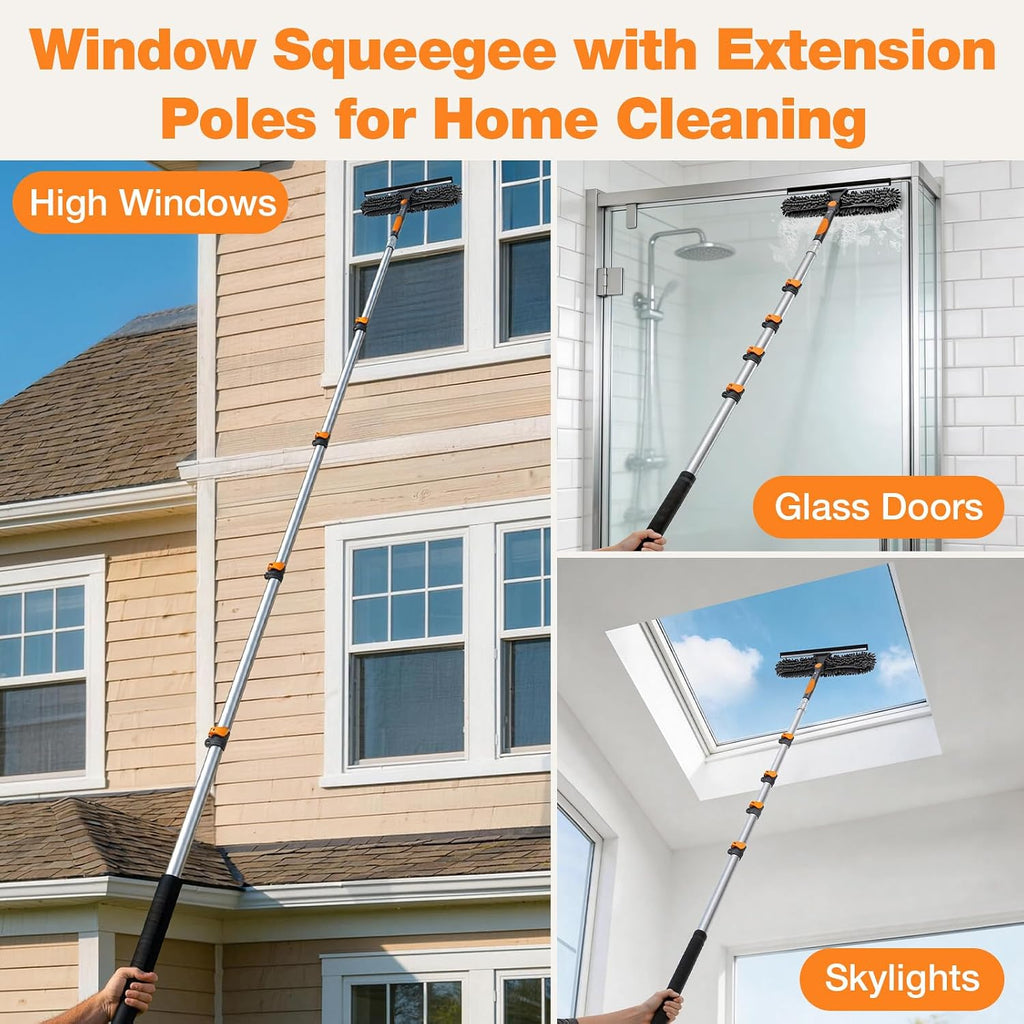 20FT Reach Window Squeegee with 5-12 FT Extension Poles, 2-in-1 Window Cleaner Tool Extra-Large 14" Window Squeegee Window Cleaning Kit with Telescopic Pole with Rotatable Head, for High Window Glass