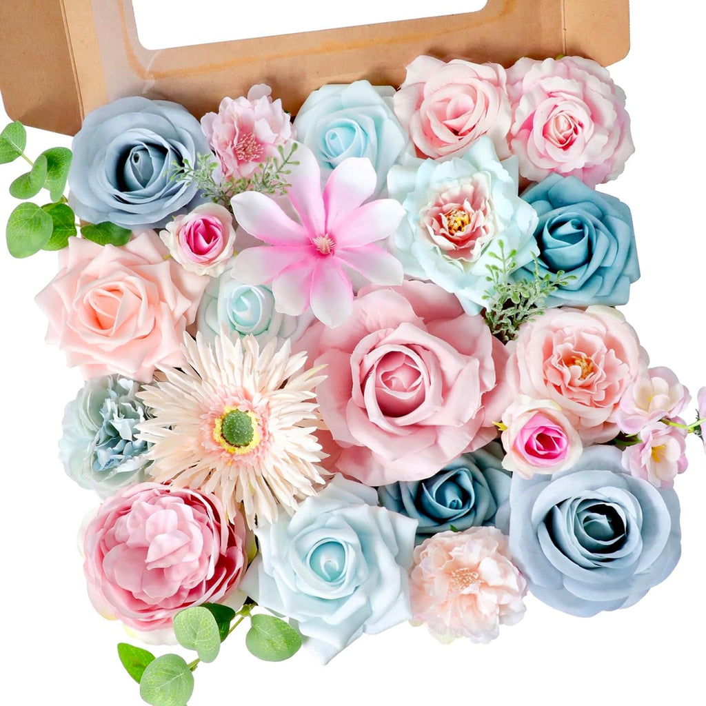 Blue Pink Artificial Flowers Combo, Roses Fake Flowers with Stems Wedding Pastel Flowers for Decorations DIY Bouquets Centerpieces Floral Arrangements Decor