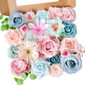 Blue Pink Artificial Flowers Combo, Roses Fake Flowers with Stems Wedding Pastel Flowers for Decorations DIY Bouquets Centerpieces Floral Arrangements Decor