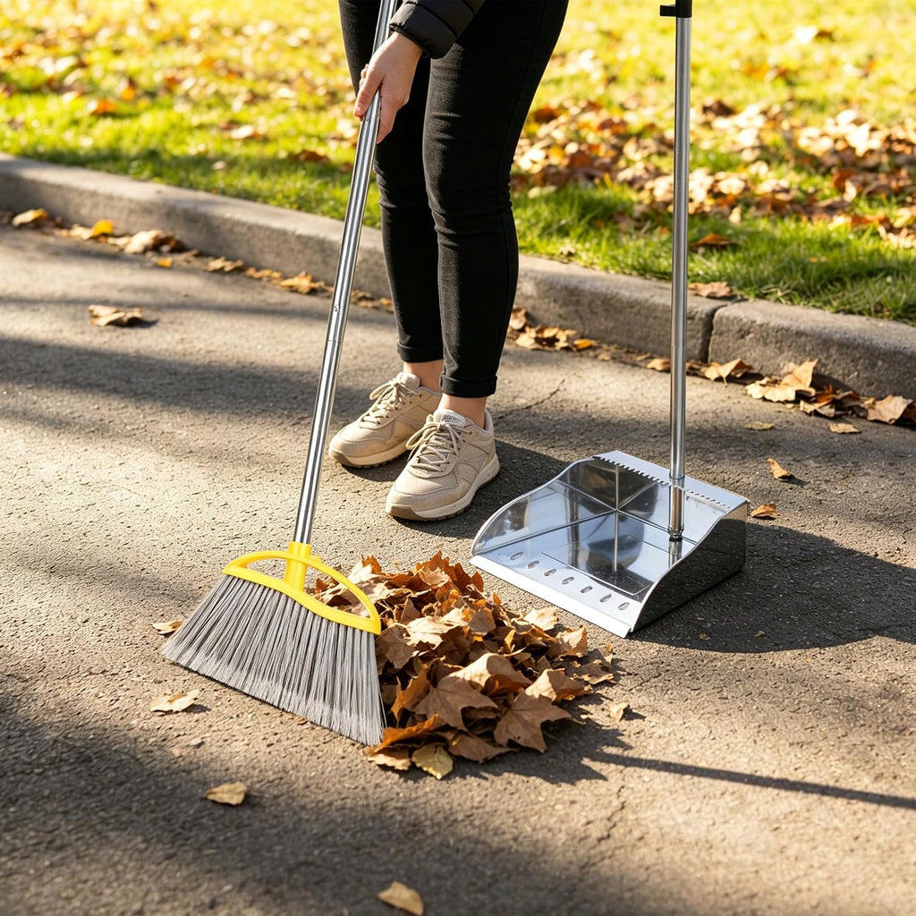 Stainless Steel Dustpan with Outdoor Stiff Bristles Broom,Long Handle Metal Dust Pan and Heavy Duty Broom for Home,Lobby,Office