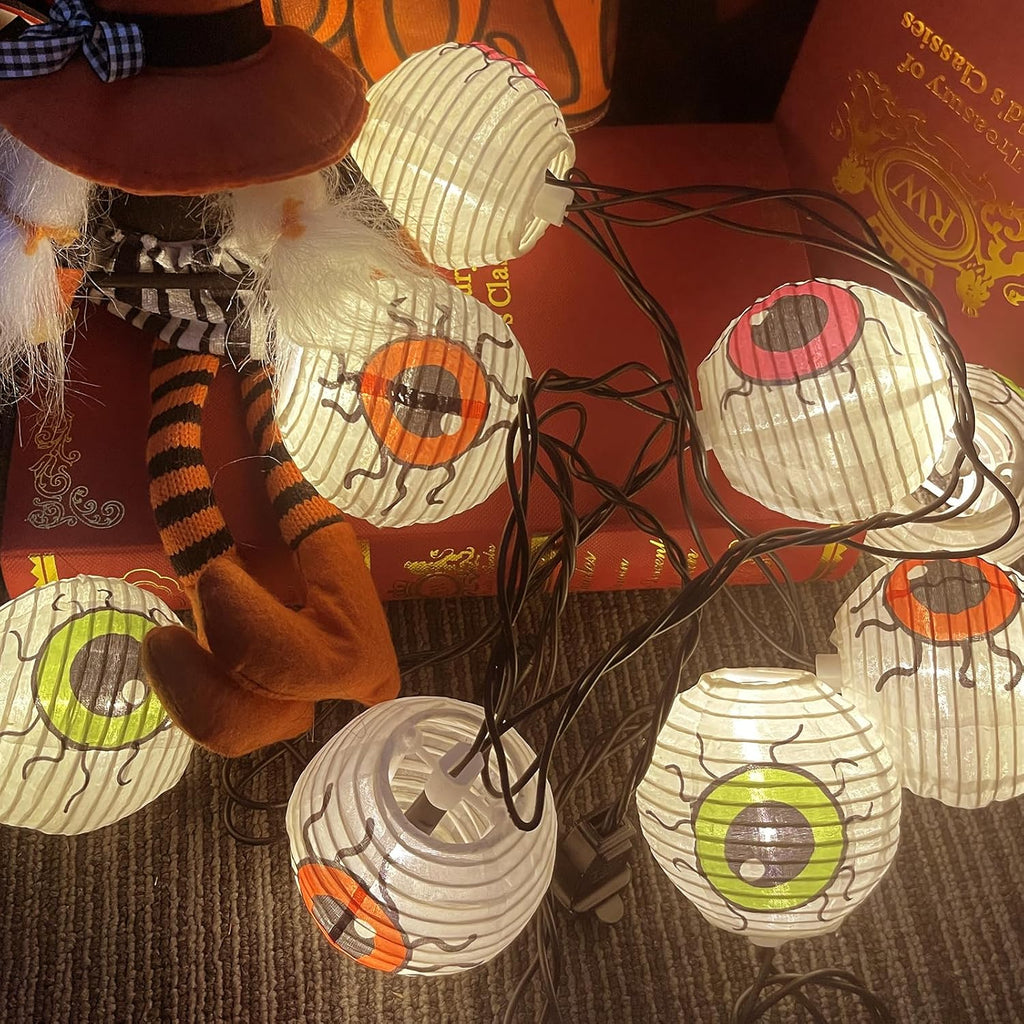Halloween Lantern String Lights, 8.5Ft LED White Eye Lantern String Lights Plug in, 10 Halloween Lanterns String Light Connectable Indoor/Outdoor Decoration
