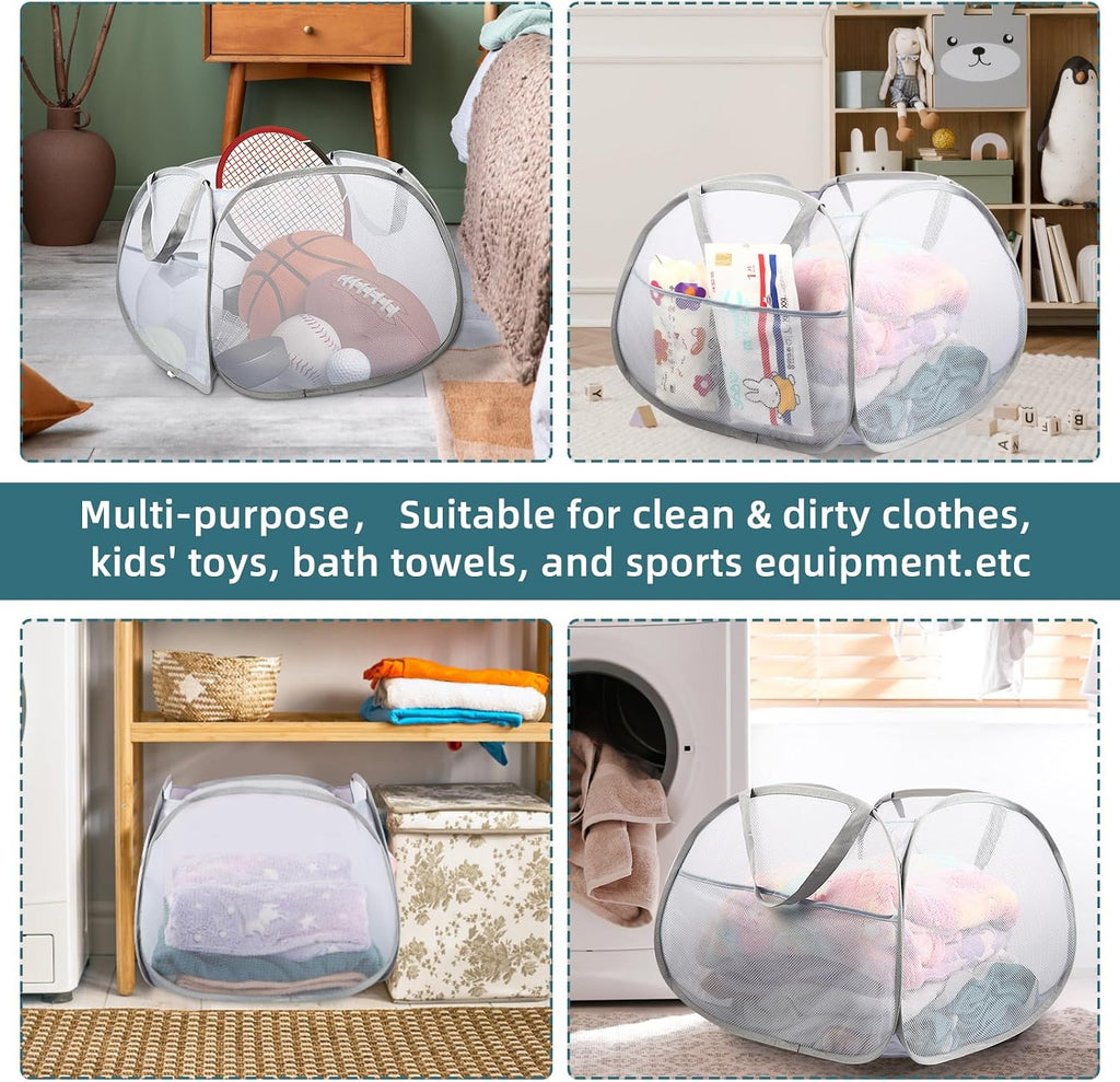 Collapsible Laundry Baskets, 90L Large Foldable Laundry Basket, Durable Mesh Pop Up Hampers for Laundry, Dirty Clothes Laundry Hamper for Bedroom, Bathroom, Dorm, Laundry Room, Travel or Camping Grey
