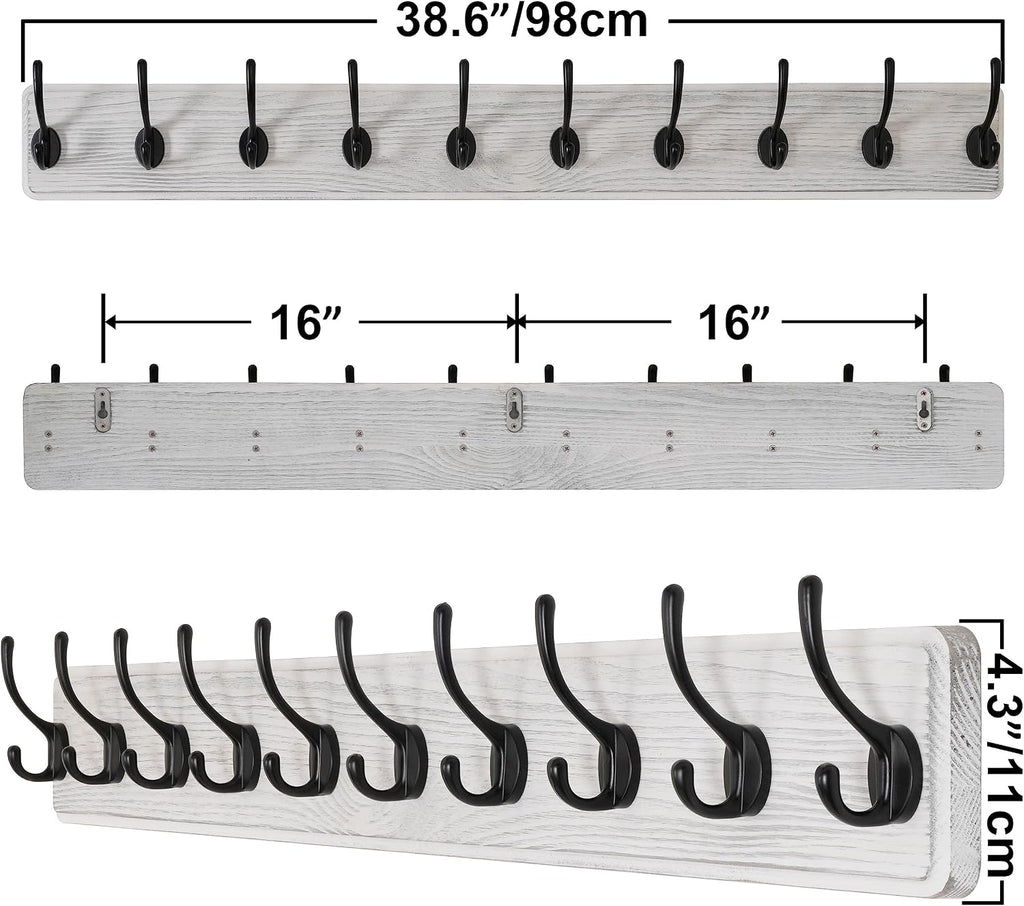 SKOLOO Rustic Wall Mounted Coat Rack, 10 Hooks, 38", Solid Wood, White