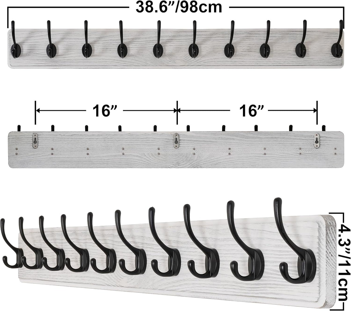 SKOLOO Rustic Wall Mounted Coat Rack, 10 Hooks, 38", Solid Wood, White