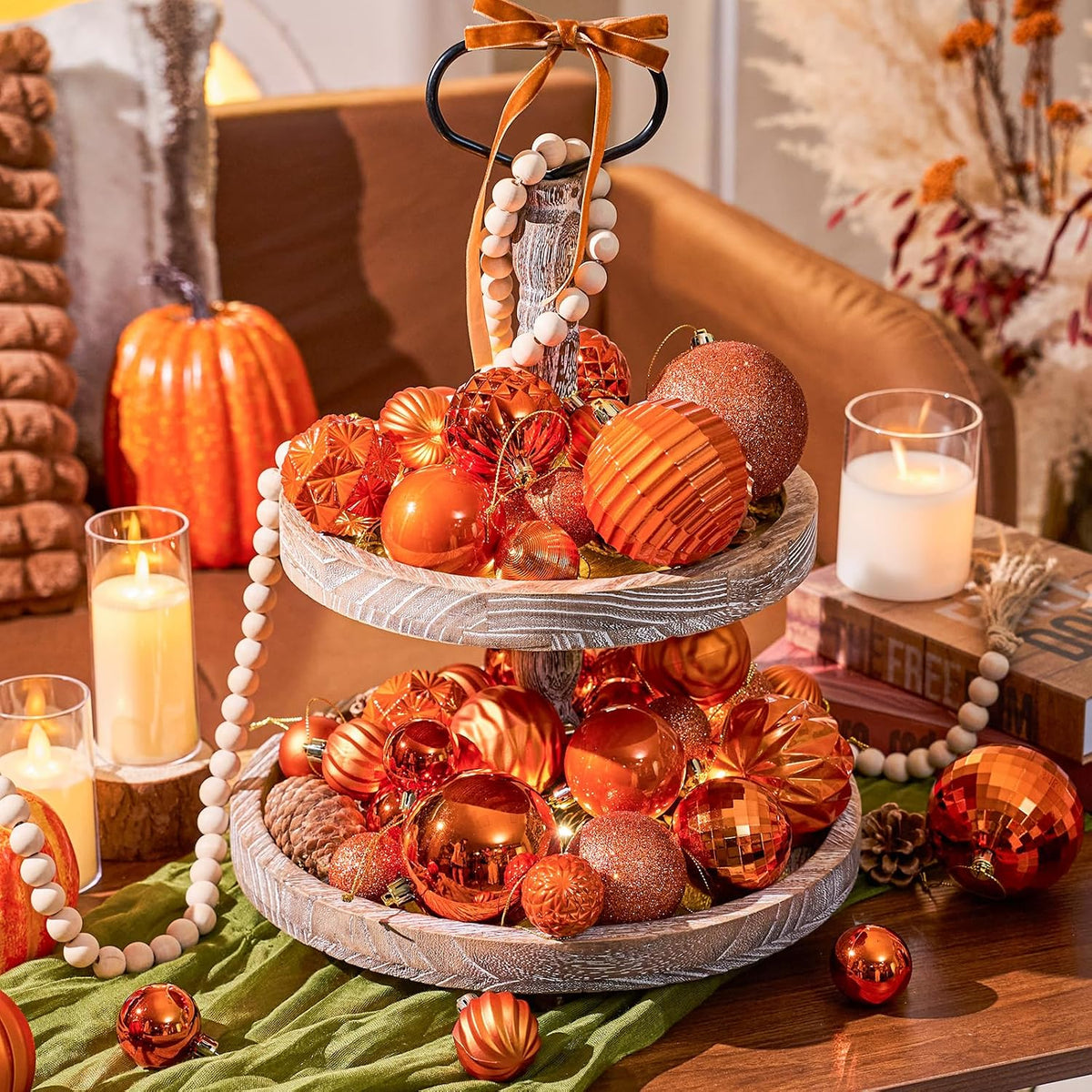 JORNOY Christmas Tree Ornaments Set, 47 Pack Assorted Shatterproof Hanging Balls Decorations, Thanksgiving Plastic Bulbs Bulk with Lanyard for Home Holiday Party Decor, 3-Sizes (Orange)