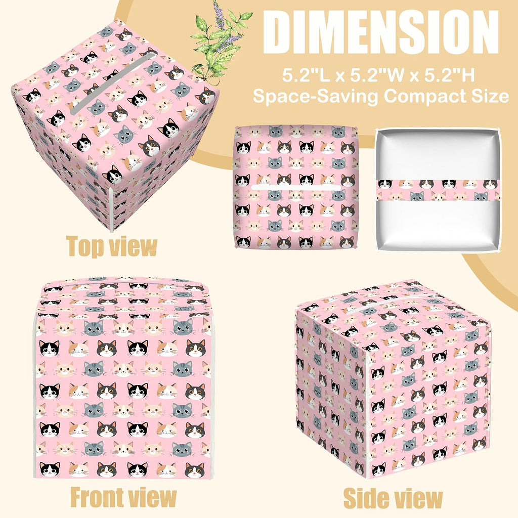 Leather Tissue Box Holder Cute Cat Faces Tissue Box Cover Facial Paper Case Organizer Cube Napkin Dispenser for Bathroom Vanity Countertop Night Stand Office Car