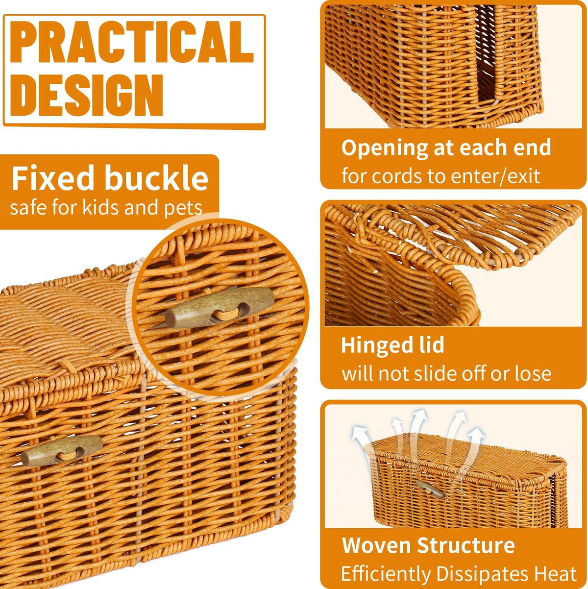 2 Pcs Handwoven Rattan Cable Management Box,Cord Organizer Box with Lid,Open-Slot Cord Hiding Basket,Decorative Storage Box for Hiding Computers, Tv, Power Sockets, USB Hubs（Orange）