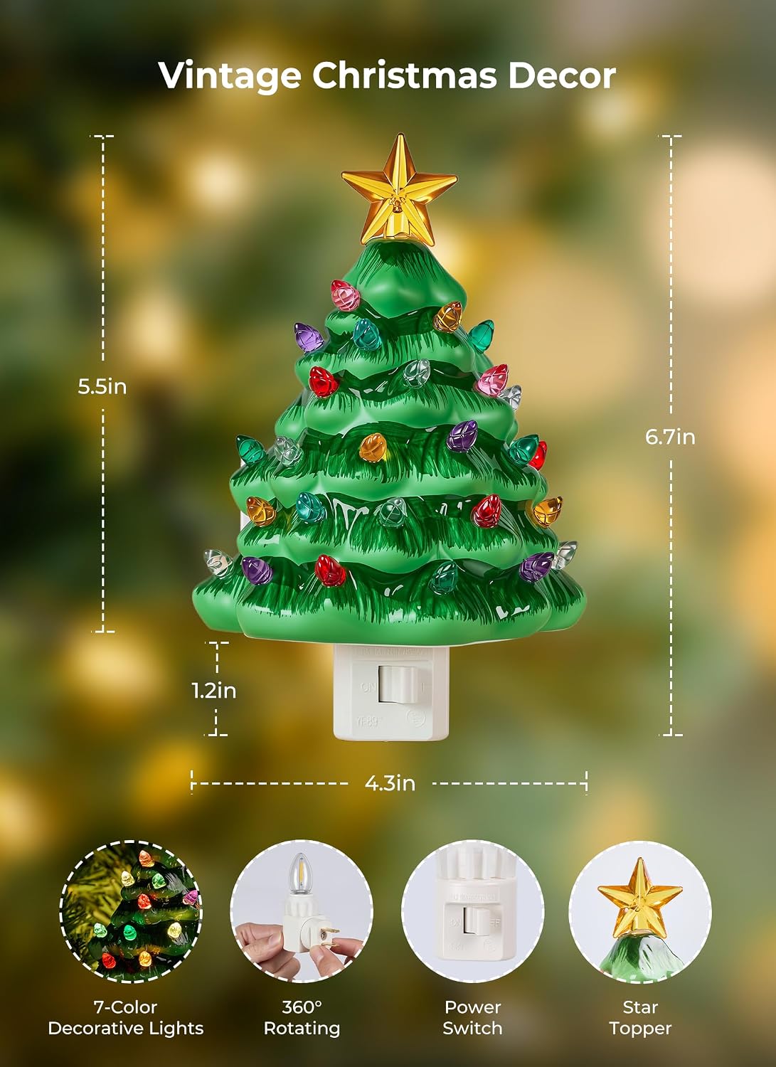 Minetom 2 Pack Green Ceramic Christmas Tree Night Light Plug in Wall Decor