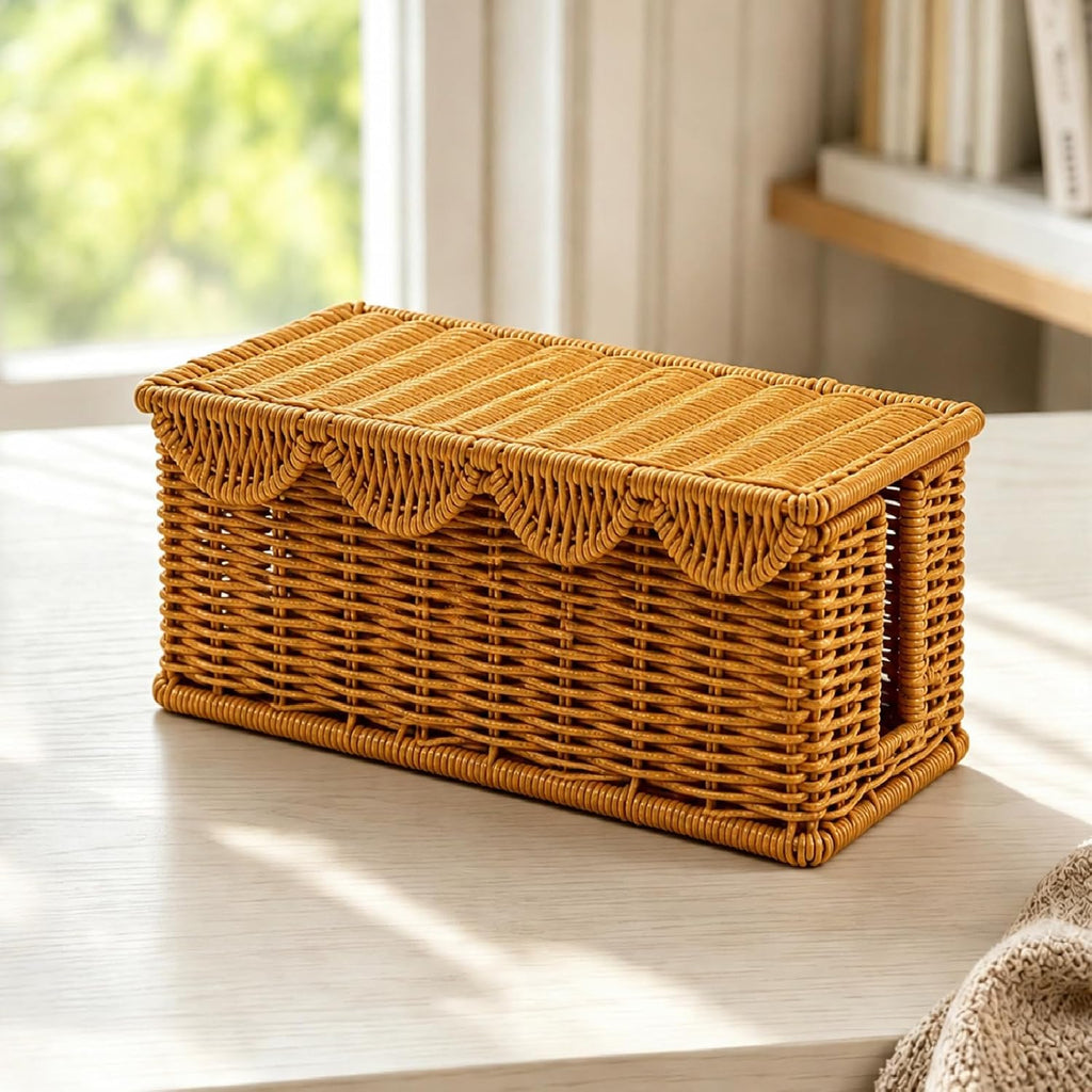 Handmade Rattan Cable Management Box, U Dual Slot Cord Hider Organizer Box
