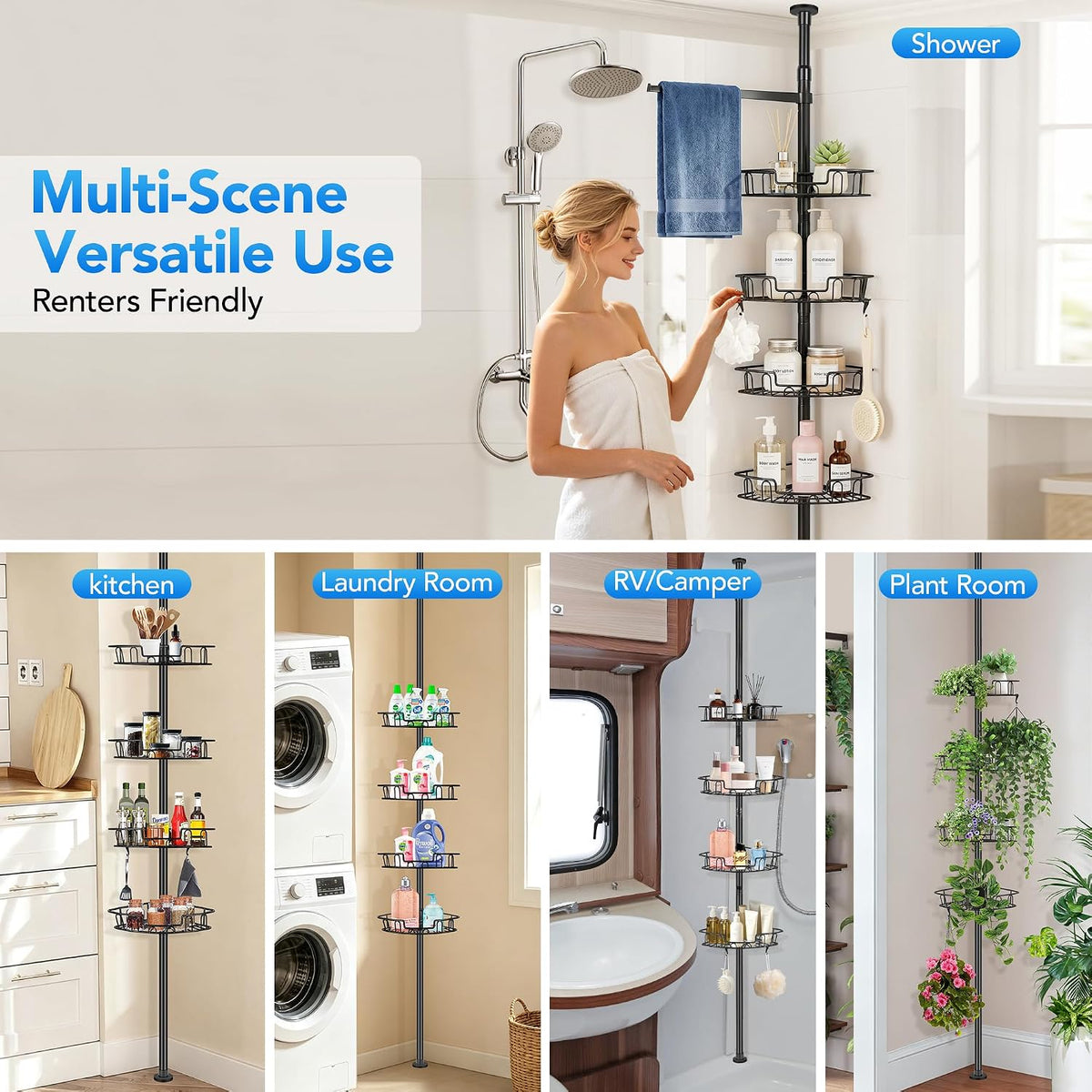 Corner Shower Caddy Tension Pole, Triple Stability 4-Tier Bathroom Rack