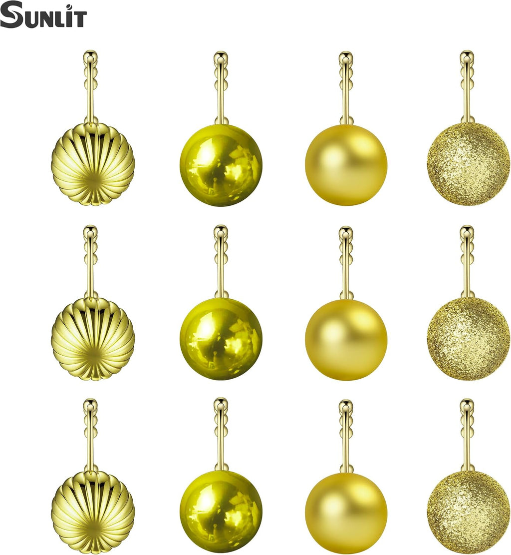 Sunlit Christmas Balls Decorative Shower Curtain Hooks, Shower Curtain Rings with Roller Balls, Xmas Theme Winter Holiday Bathroom Decoration, Set of 12, Golden