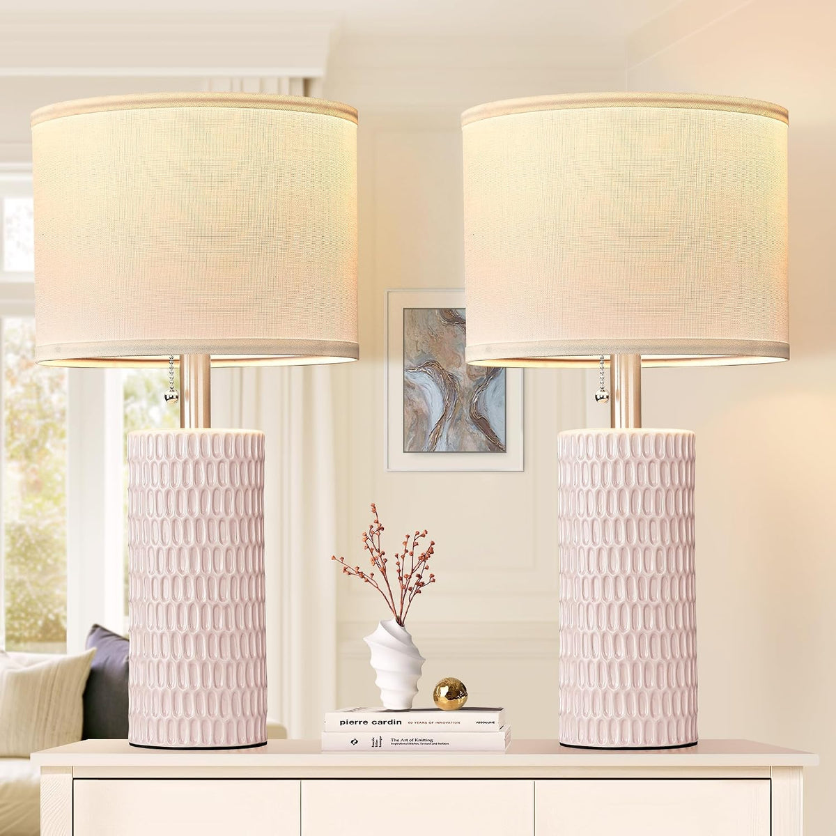Reaketon Modern Ceramic Table Lamps Set of 2, Lamps for Nightstands, Pink