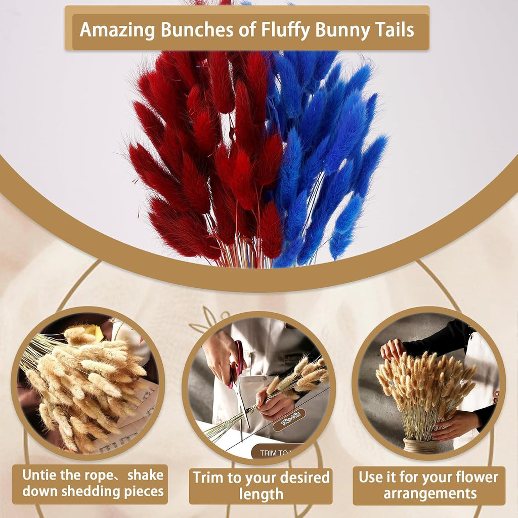 100 Pcs Dark Blue and Red Bunny Tails Dried Flowers