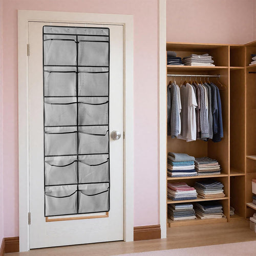 1 Pack 12 Breathable Mesh Pockets Large Hanging Shoe Organizer Over The Door Shoe Rack for Closet Door Storage Shoe Holder Hanger, 4Hooks, Grey (59'' x 21.6'')