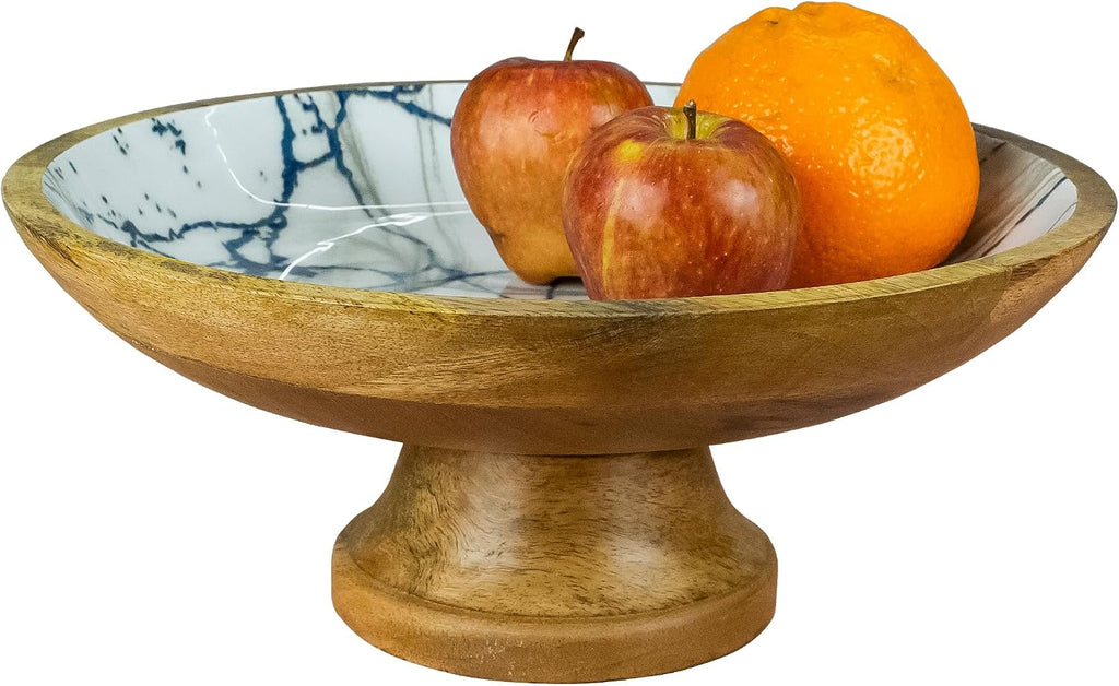 HOMORA Wood Fruit Bowl or Decorative Pedestal Bowl for Table Décor, for Kitchen Counter, Detachable Base,12-inch Large Bowls,Mango Wood (BLUE MARBLE), christmas, thanksgiving, new year
