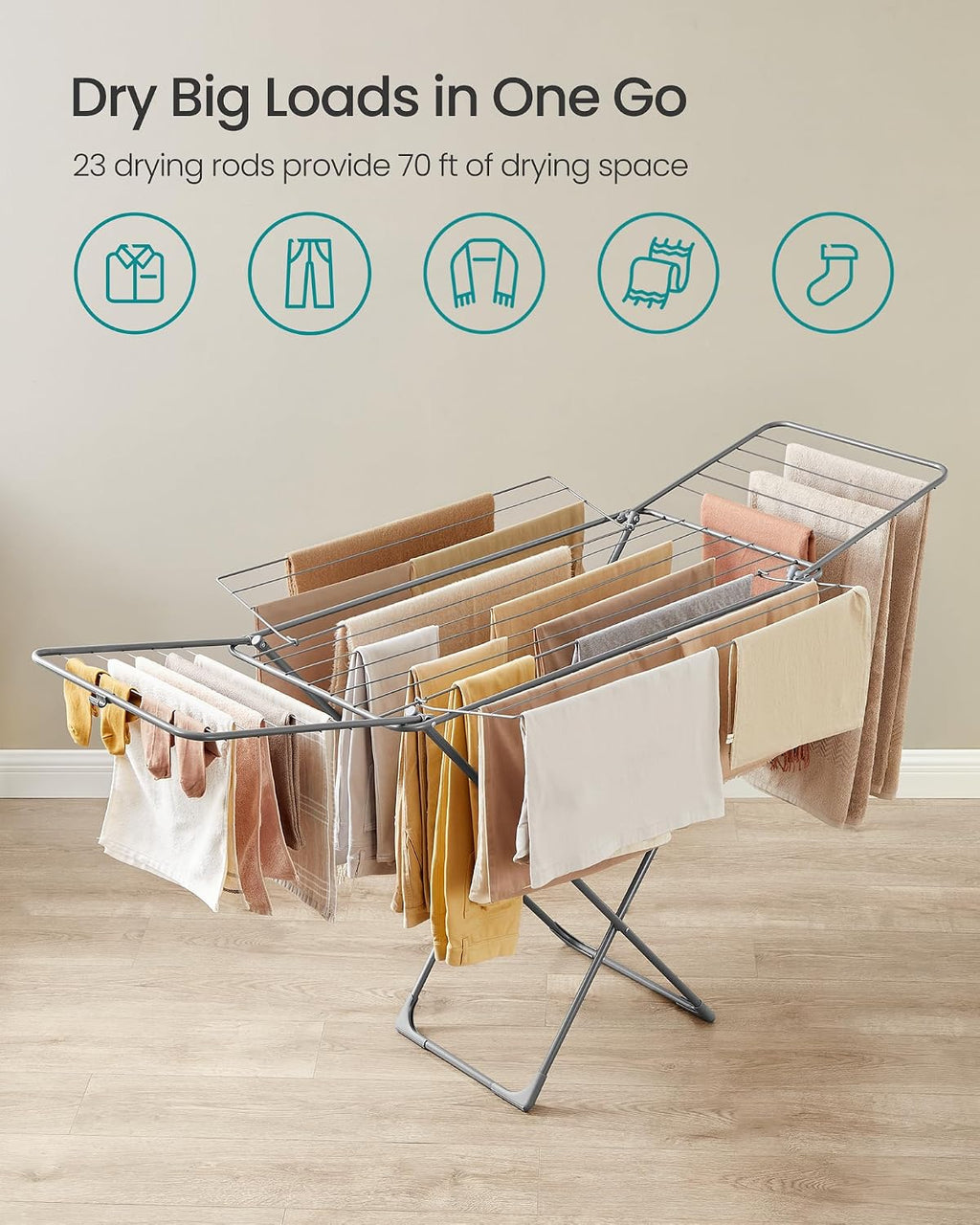 SONGMICS Clothes Drying Rack, Foldable, Heavy Duty, 4 Gullwings