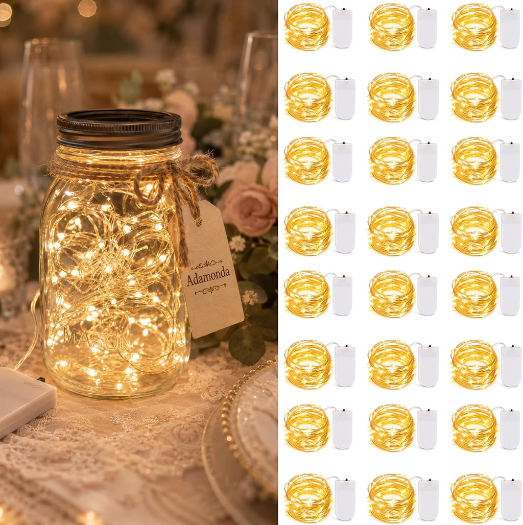 24 Pack Fairy Lights Battery Operated, 7ft 20 LED Warm White Mini String Lights, Waterproof Silver Wire Firefly Lights for Mason Jars Wedding Christmas Party Bedroom Indoor Outdoor Decoration