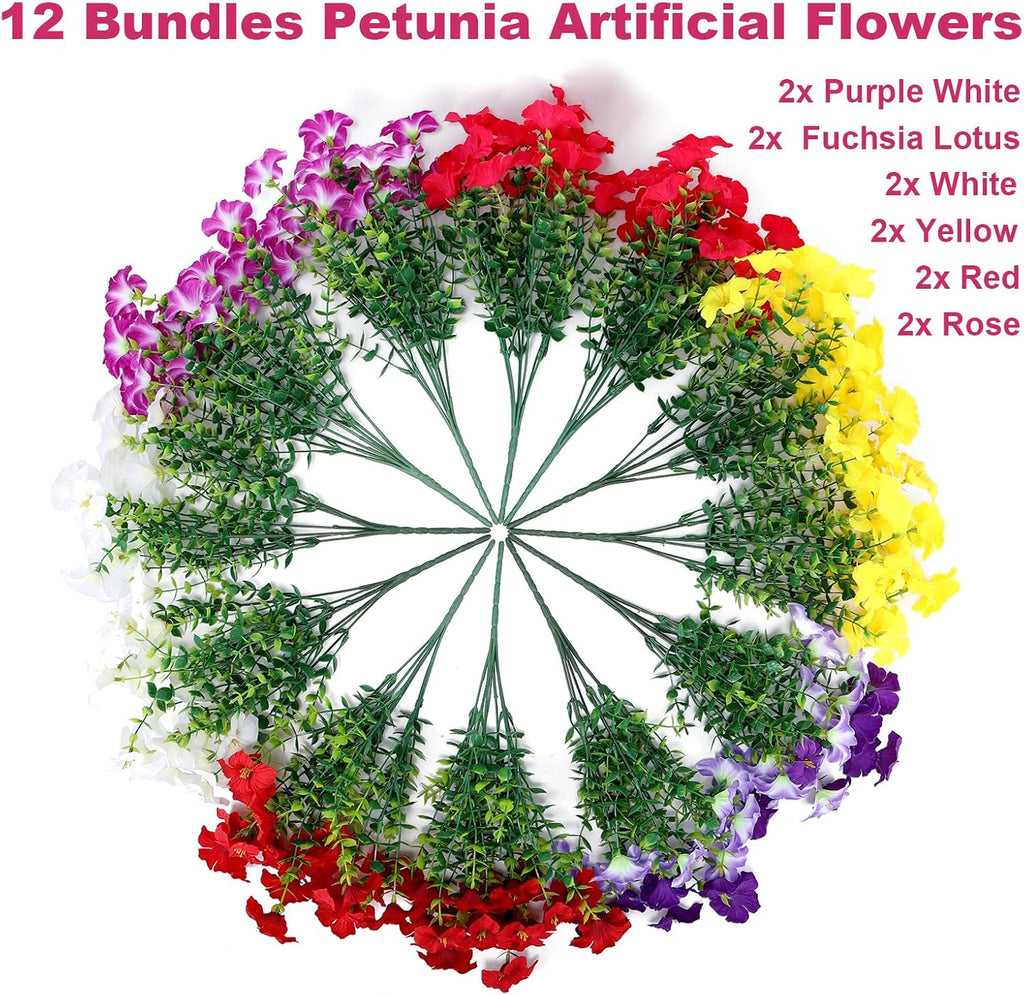 Artificial Petunia Flowers Outdoor, 12 Bundles UV Resistant Faux Plants