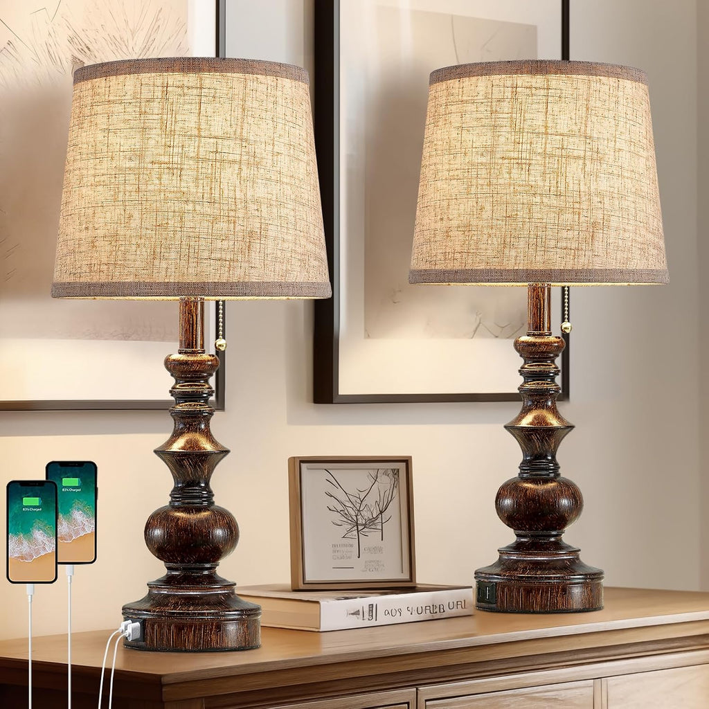Drawealth 22'' Farmhouse Bedside Table Lamps Set of 2 for Bedroom Nightstand Lamps with USB A+C Charging Ports Traditional Small Table Lamp for Living Room End Tables,Pull Chain,Bulbs Not Included