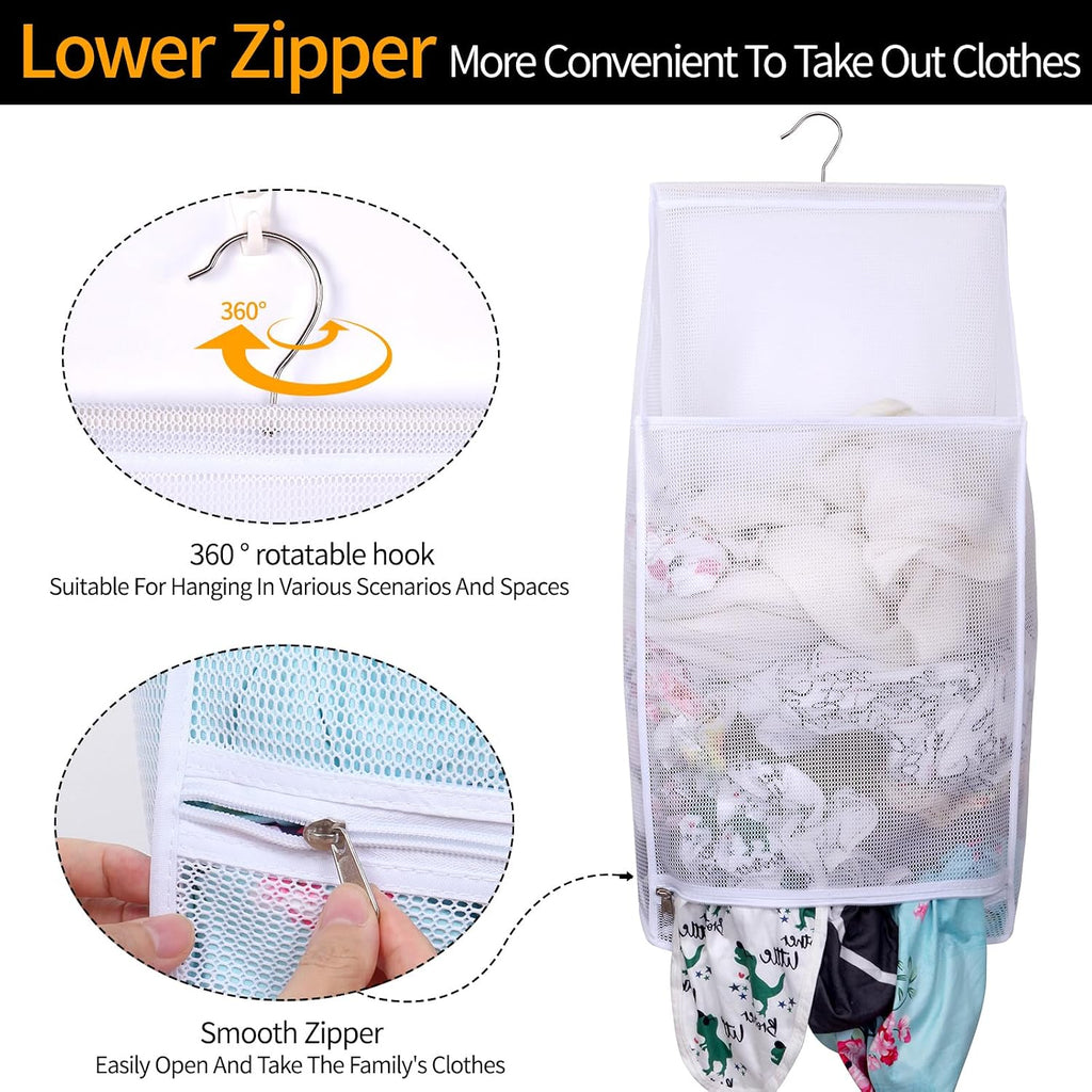 Hanging Collapsible Breathable Mesh laundry bags,Fast Drying Portable Space Saving Laundry Hamper for dorm,Rv Laundry Hamper Storage (White)