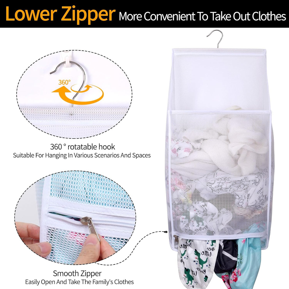 Hanging Collapsible Breathable Mesh laundry bags,Fast Drying Portable Space Saving Laundry Hamper for dorm,Rv Laundry Hamper Storage (White)