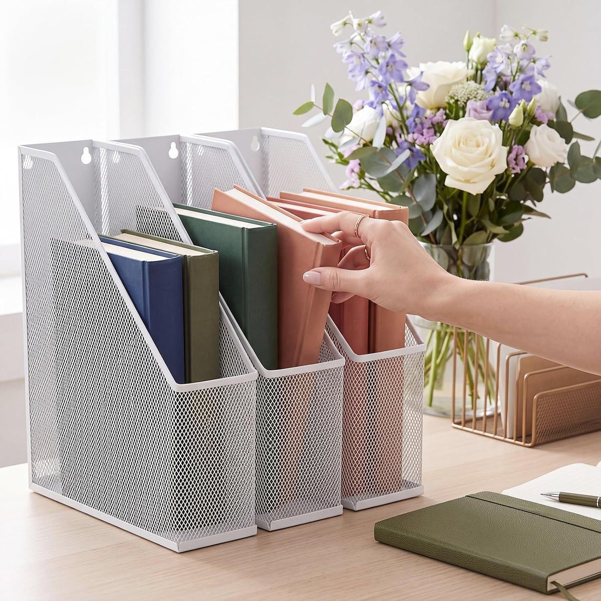 Sliner 4 Pack White Metal Magazine Holder Mesh Steel Document Rack 1 Section File Organizer Extra Wide Magazine Folder Storage Desk Tidy for Office Home, 12.6"x 9.8"x 3"