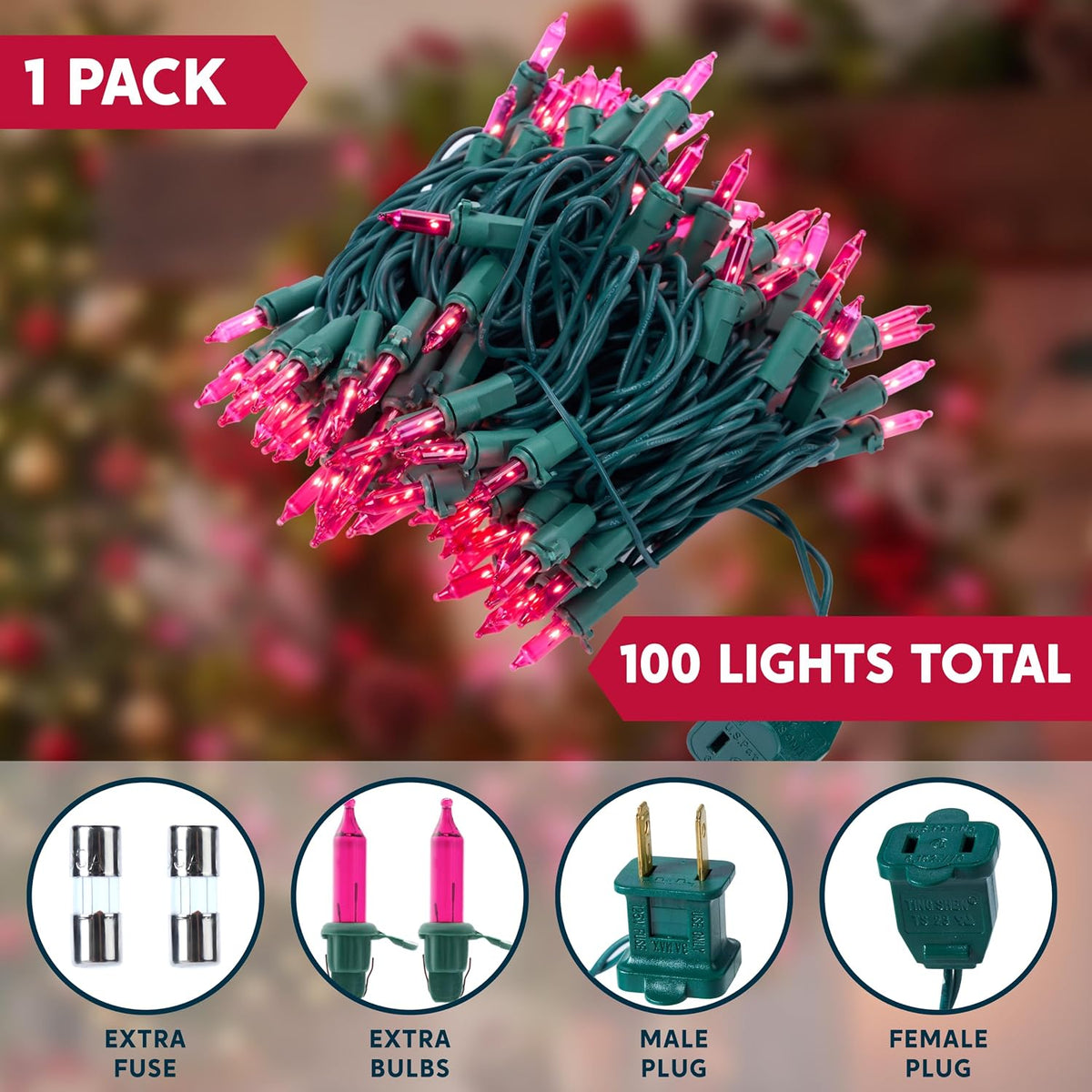 Joiedomi Pink Christmas String Lights,100 Count 21.4FT Fairy Tree Lights Plug in for Indoor Outdoor Xmas Valentines Decor Patio Holiday Theme Party Yard House,Green Wire