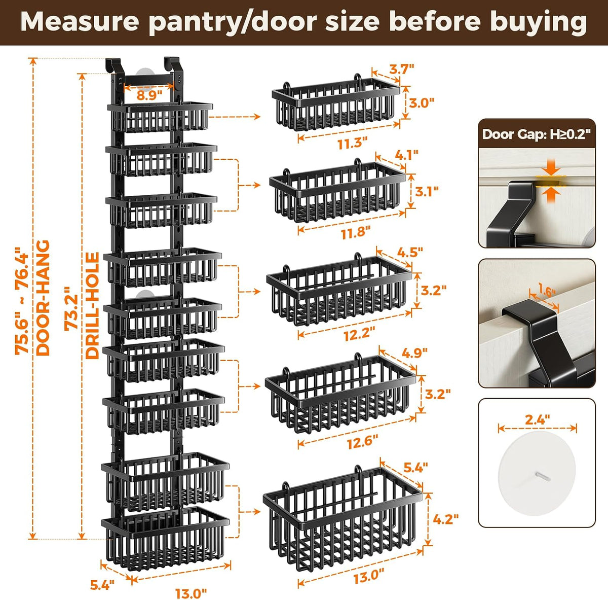 POKIPO 9 Tier Narrow Over The Door Pantry Organizer, 2 in 1 Wall Mount or Hanging Spice Rack with Adjustable Deep Basket, Heavy-Duty Seasoning Organizer and Storage for Kitchen Closet Bathroom