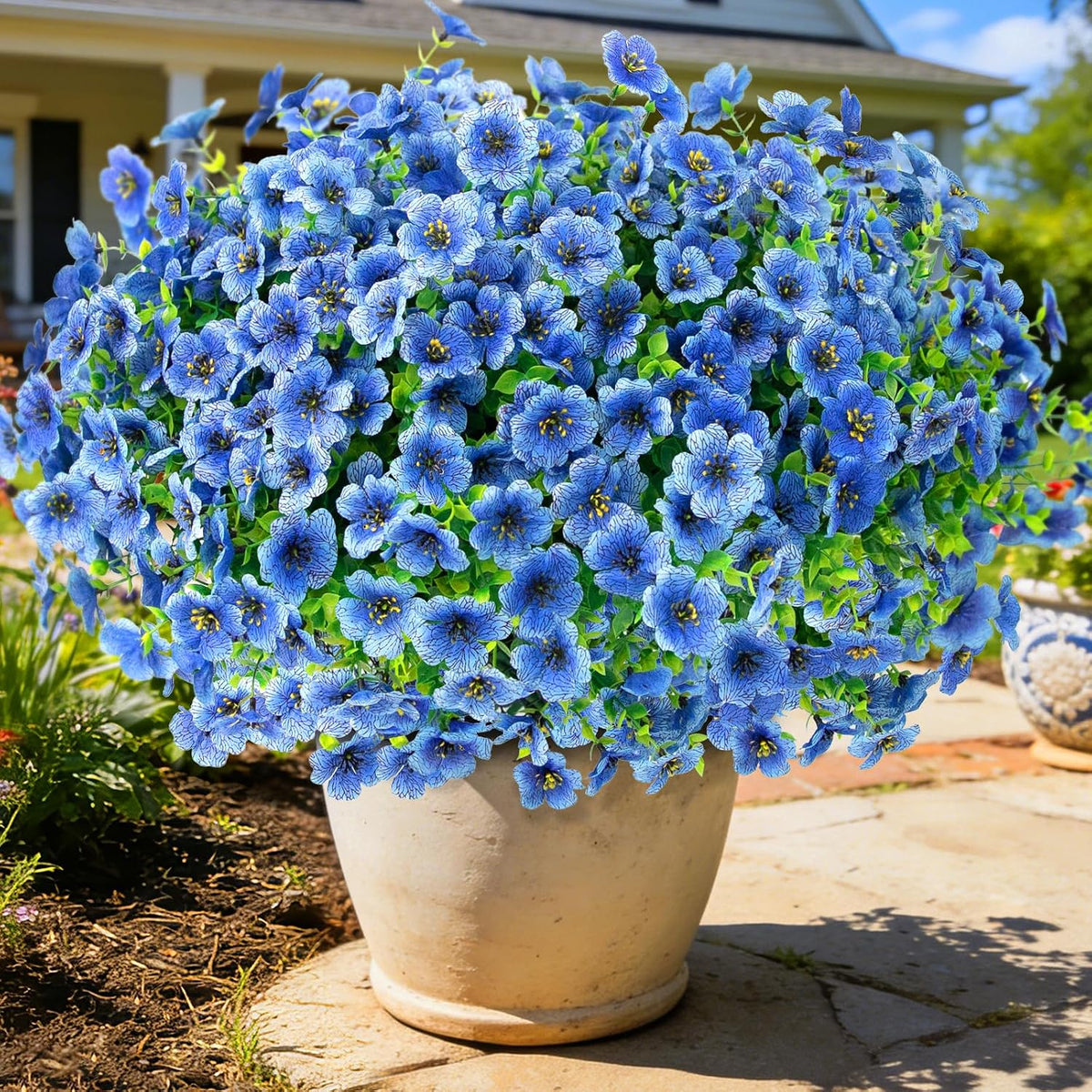 12 Bundles Artificial Flowers for Outdoors, Fake Silk Plastic Flowers for Outside, UV Resistant Faux Plants for Outside Garden Porch Window Home Planters Decoration (Blue)