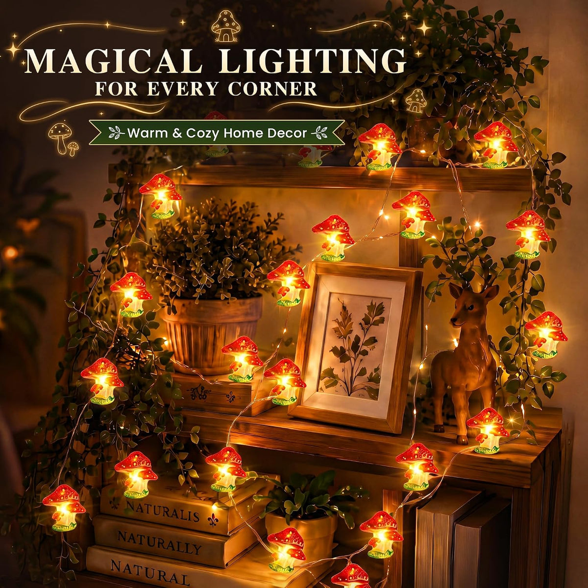 Mudder 1 Pack Mushroom String Lights Cottagecore Decor, 10FT 40LEDs 8 Modes