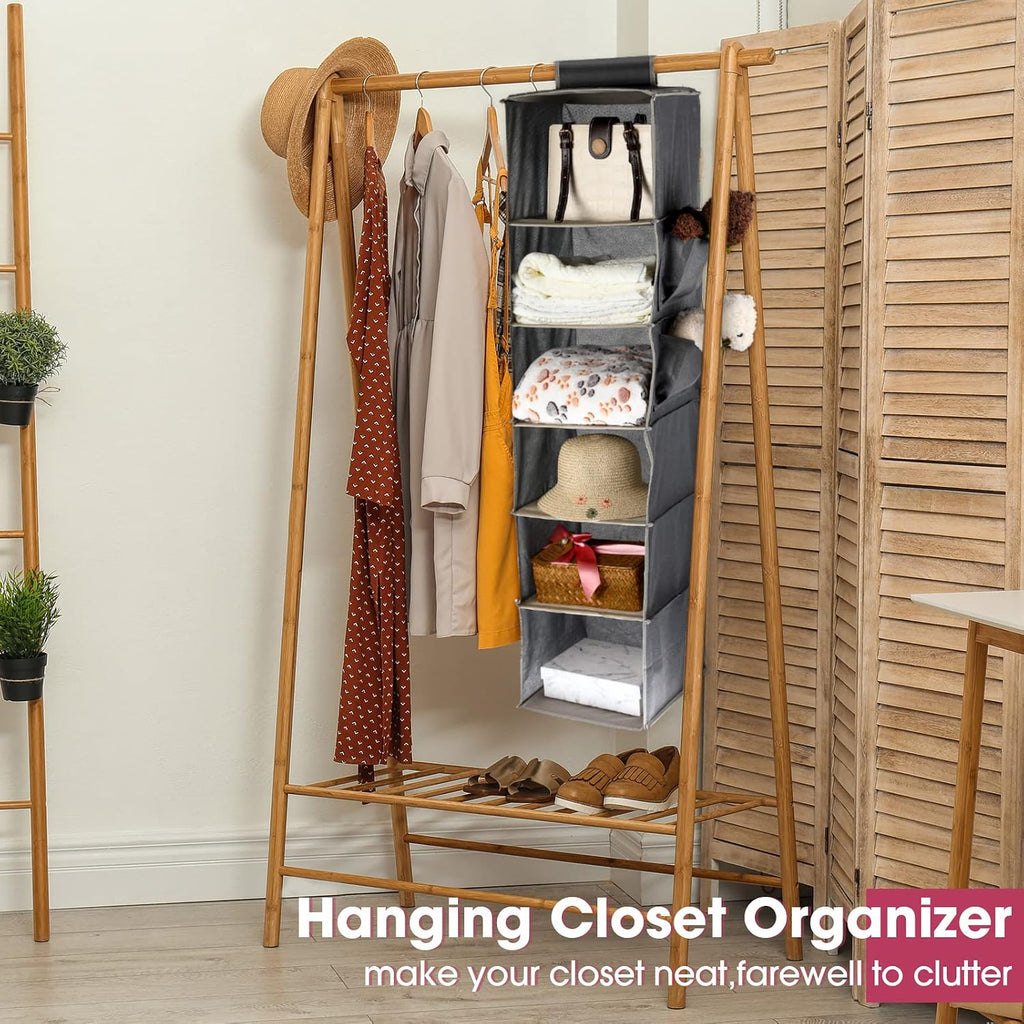 3 Pack Hanging Closet Organizers and Storage, 6 Shelf Hanging Clothing Shelves Collapsible Clothes Closet Organizer Storage Fabric Shelves with Side Pockets