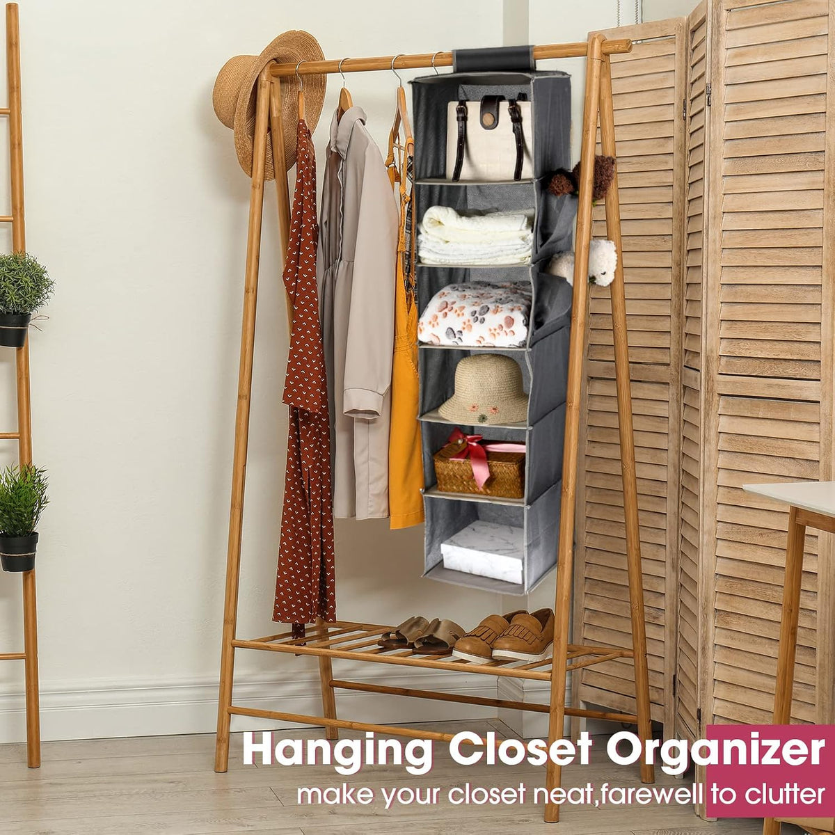 3 Pack Hanging Closet Organizers and Storage, 6 Shelf Hanging Clothing Shelves Collapsible Clothes Closet Organizer Storage Fabric Shelves with Side Pockets