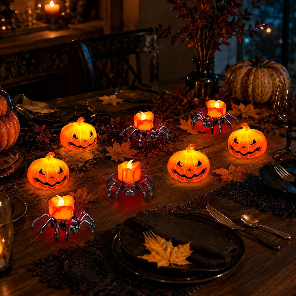8 PCS Halloween Spider Pumpkin Candles, Battery Operated Halloween Tea Lights Flameless LED Candles, Halloween Pumpkin Tealights Spooky Electric Flickering Candles for Home Party Decorations