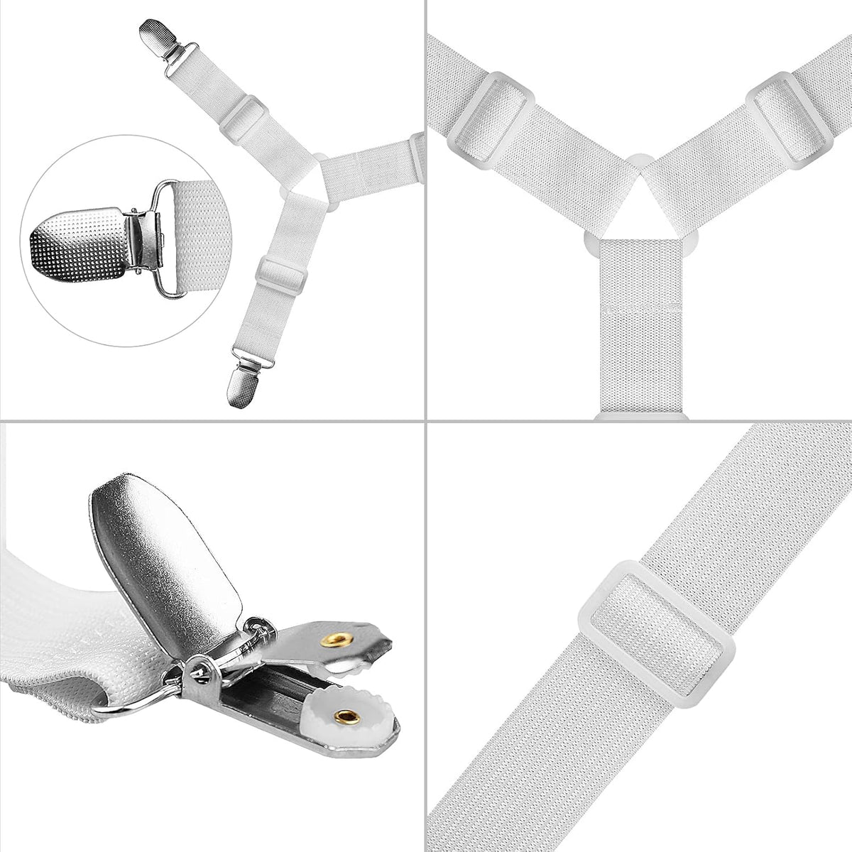 ACEDÉCOR Bed Sheet Suspenders, 4 Pcs(2 Sets) Adjustable Bed Sheet Holder Straps Fitted Sheet Clips Keeping Sheets in Place, White