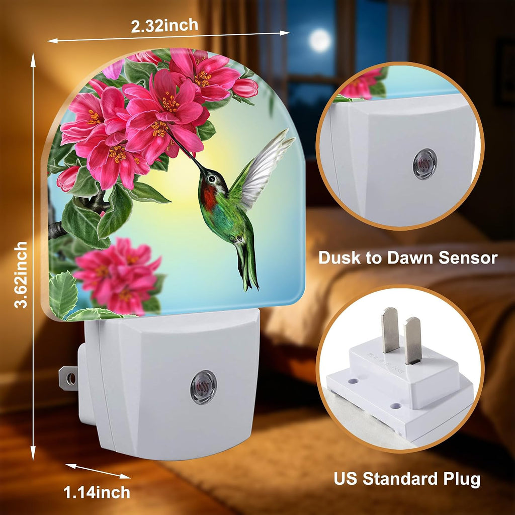 Night Lights Plug into Wall, Hummingbird with Flowers Night Light with Dusk to Dawn Smart Sensor for Bedroom Bathroom Hallway Kitchen, Led Nightlights for Boys Girls Women Men
