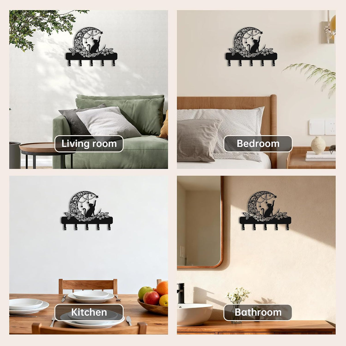 Cat Key Holder for Wall, Cat on Moon Entryway Decorative Key Hooks