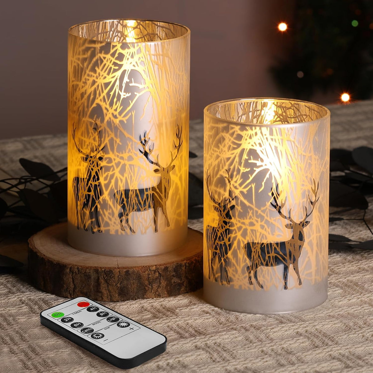 Eywamage Forest Reindeer Glass Flameless Pillar Candles with Remote