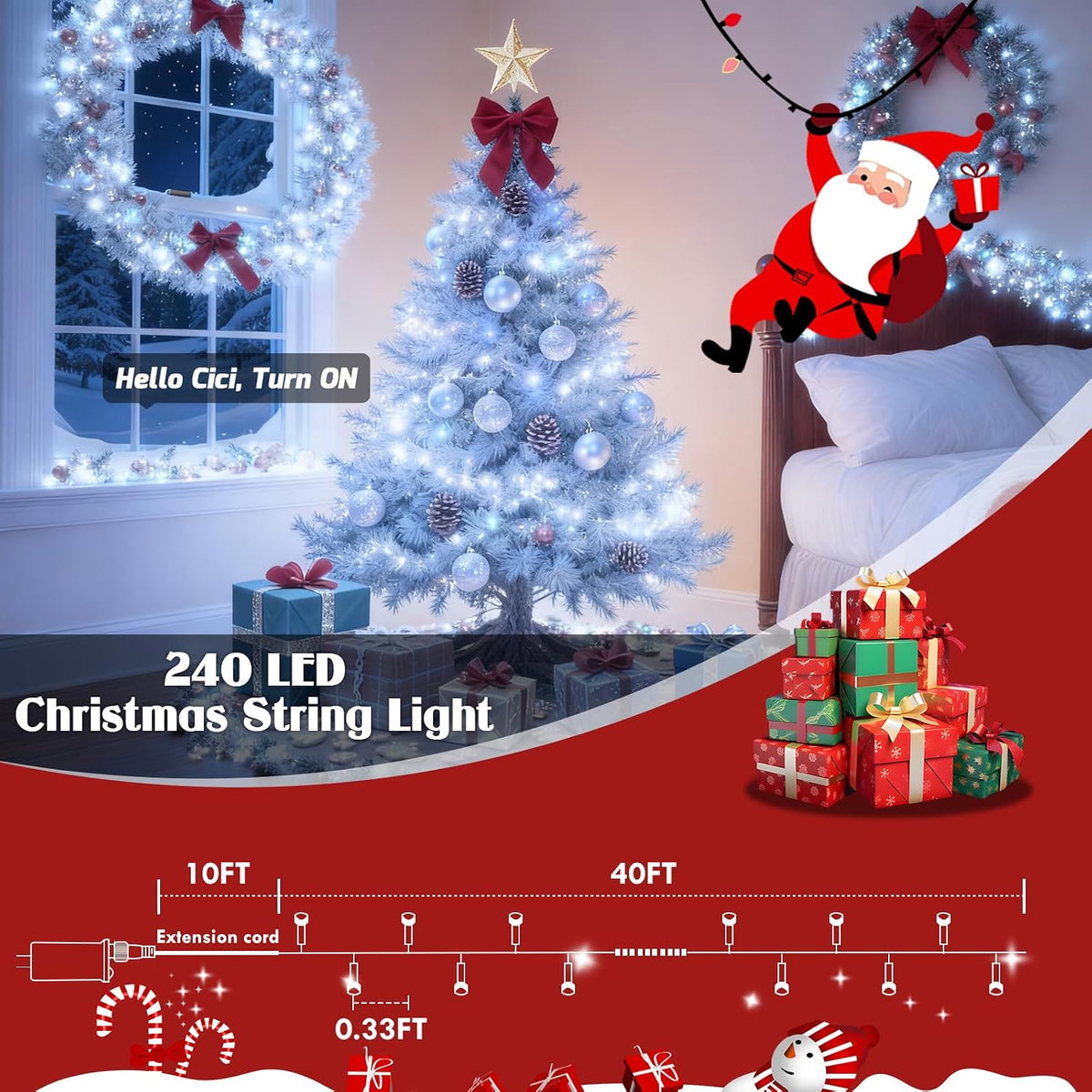 KAQ 240LED 88FT Christmas String Lights Voice Controlled Remote, Cool White
