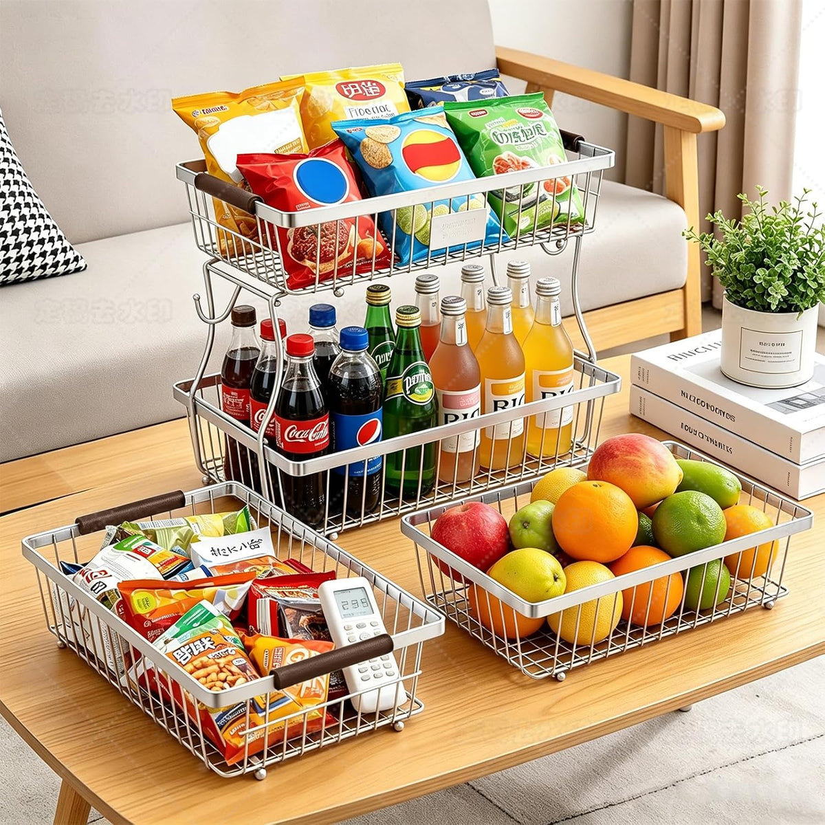 2-Tier Stackable Wire Basket with 2 Banana Hooks, Pantry Organizer for Kitchen Countertops, Cabinets & Under-Sink Spaces; Ideal for Storing Snacks, Fruits, Veggies, Onions, Potatoes, & More,Chrome