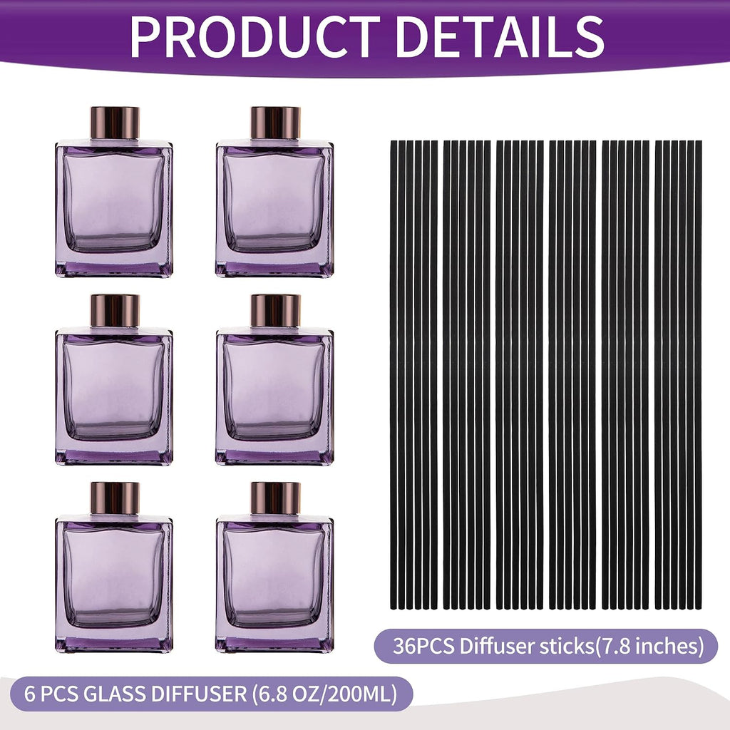6 Pack Perfume Reed Diffuser Bottle,Empty Square Essential Oil Bottles Glass Jar with Black Sticks for DIY Fragrance Replacement Diffuser Sets (200ml/6.8 oz, Purple Color)