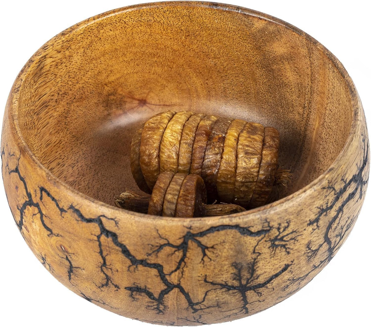Handcrafted Wooden Decorative Bowl with Natural Grain & Artistic Burn Pattern – Rustic Wooden Serving Bowl for Home Decor, Fruit, Salad & Centerpiece Display (Premium Finish)
