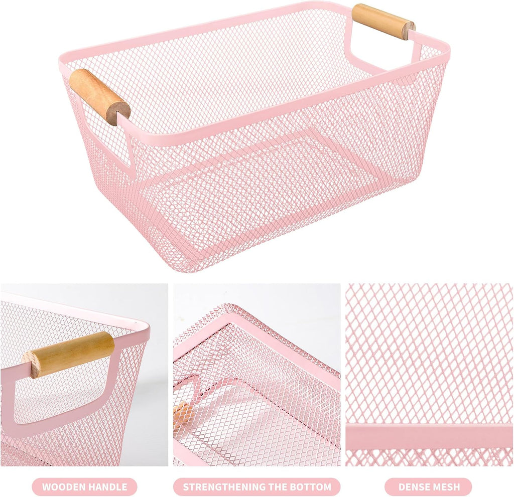 PTSGCAI 2Pack Metal Mesh Steel Basket with Bamboo Handle - Wire Metal Basket for Kitchen Organization, 12" Wide Food Organizer Bin, Perfect for Organizing Bulk Pantry (PINK)