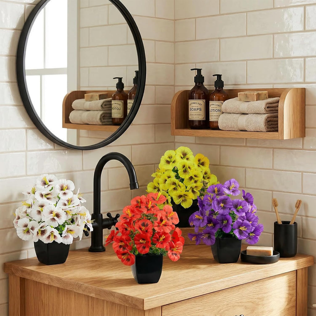 LOYWREE 4 Pack Small Faux Plants Spring Artificial Pansy Flowers Fake Plants Indoor Bathroom Accessories for Home Room Office Desk Decor(Black Square Pot)