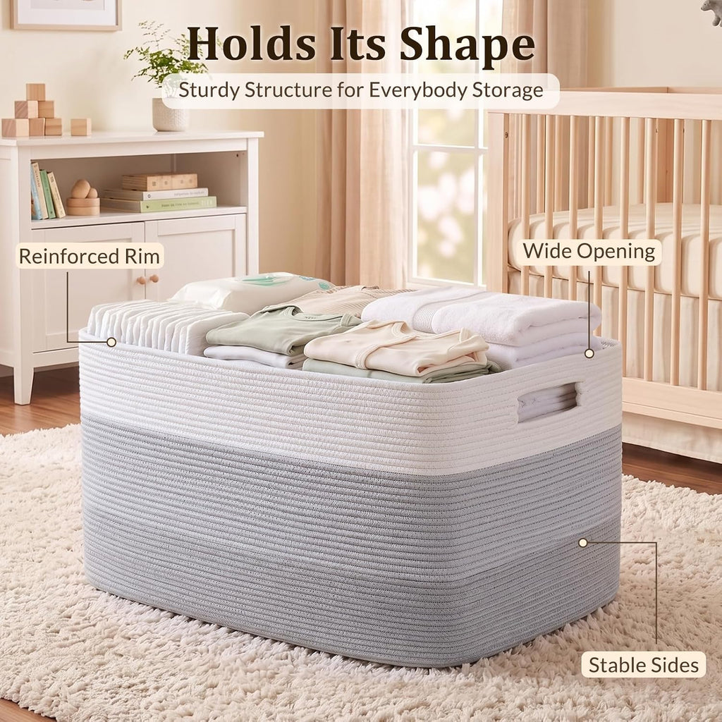 OIAHOMY 108L Super Large Blanket Basket, 25”x16”x16”(108L) Rectangle Woven Baskets for Storage, Cotton Rope Basket For Living Room, Toy Storage with Handle - Gradient Grey