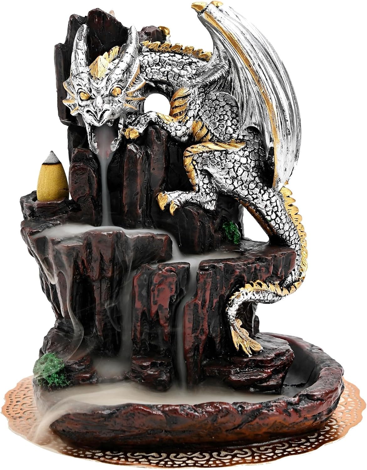 Dragon Backflow 2 Sided Mountain Waterfall Incense Burner,Fountain Smoke Incense Holder with Backflow Incense Cones, Tweezers, Mat，Resin Aromatherapy Meditationvaiuk (Silver)