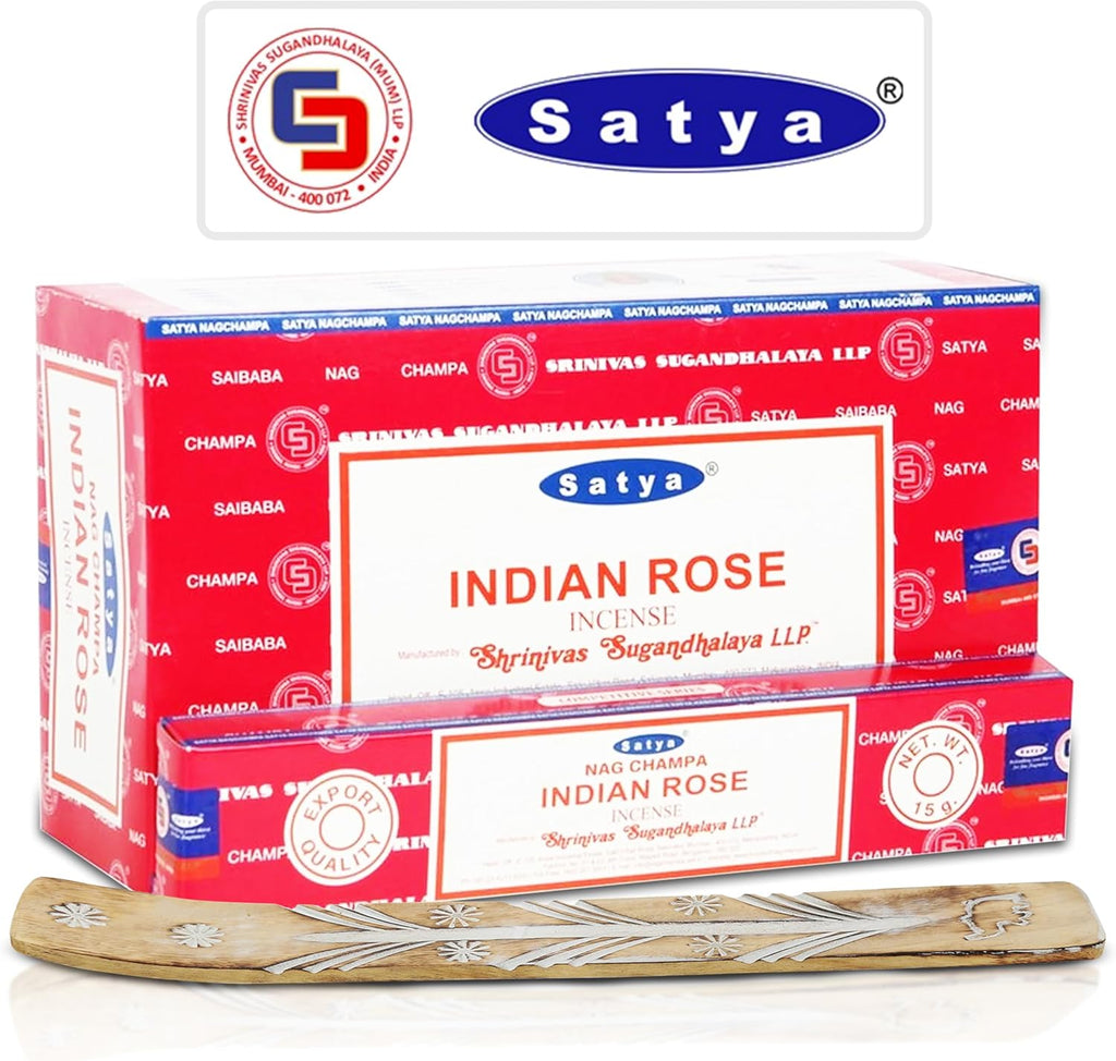 Satya Indian Rose Incense Sticks 180 gm (15GM X 12 Pack) from Satya Sai Baba Nag Champa and Raajsee Incense Sticks Holder Bundle, Free from Chemicals,Natural Insenses