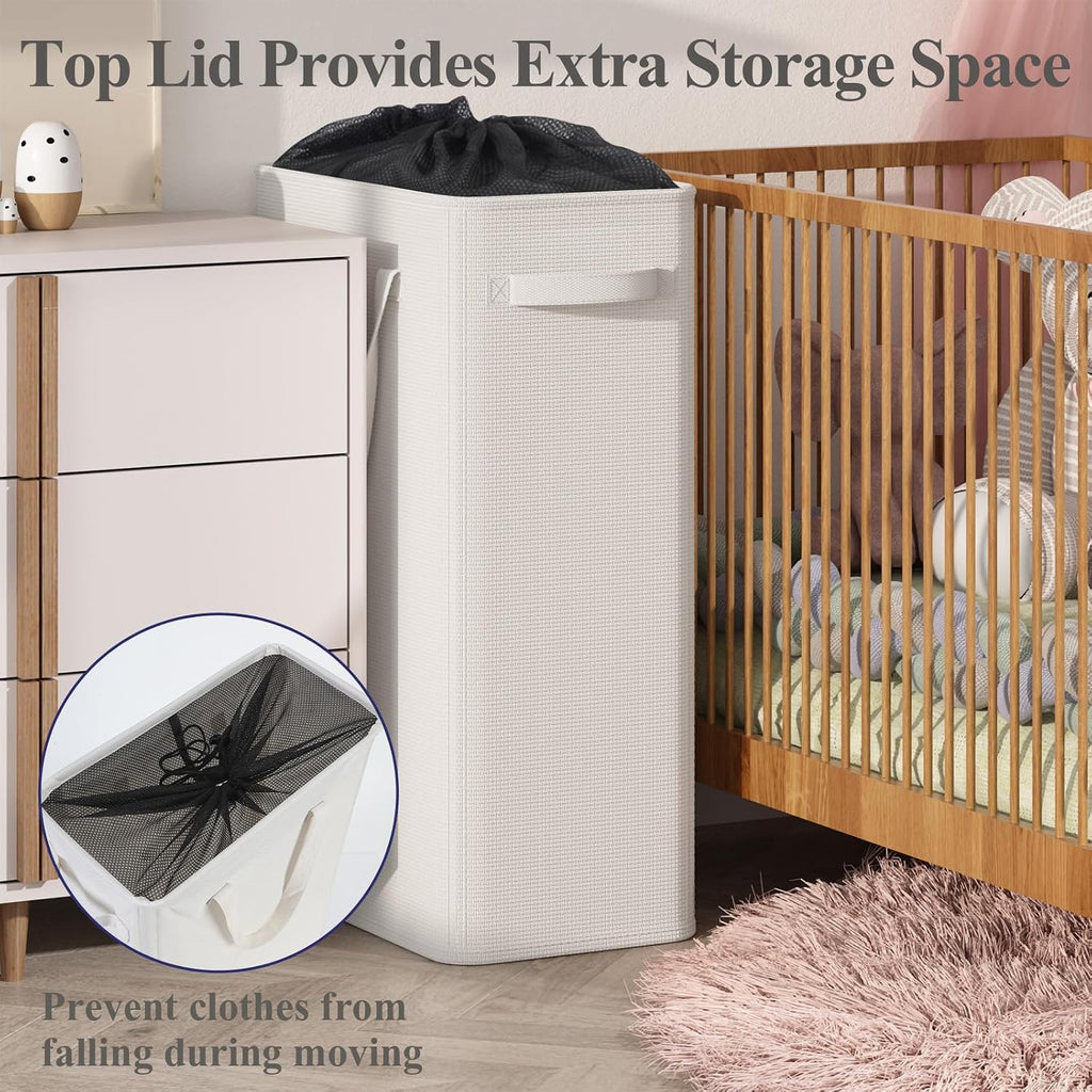 Optish 90L Slim Laundry Hamper, Baby Hamper for Nursery with Handles, Large Laundry Basket for Dorm, Bedroom, Living Room, Collapsible Laundry Basket, White